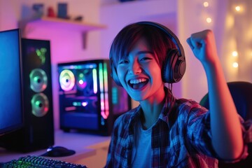 Young Asian transgender gamer celebrates victory with raised fist while gaming on PC in bedroom