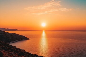 Sunset Over the Sea with Orange Sky and Horizon View from Above, Serene Seascape