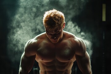 Young athlete prepares to sumo deadlift with powder grip aid