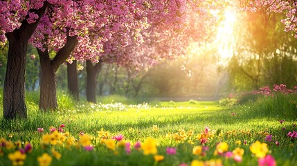 Obraz premium Sunbeams illuminate a blooming cherry blossom tree and wildflower meadow.