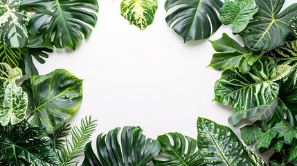 Fototapeta premium 4. Tropical foliage border with variegated Monstera and Alocasia leaves, their green and white patterns intricately displayed against a white background, creating a natural frame that highlights the