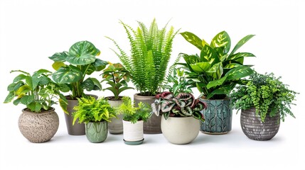 Obraz premium 4. Diverse collage of potted houseplants on a white background, featuring a combination of leafy greens and flowering plants in attractive pots, arranged to emphasize the charm and versatility of