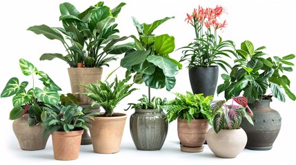 Fototapeta premium 4. Diverse collage of potted houseplants on a white background, featuring a combination of leafy greens and flowering plants in attractive pots, arranged to emphasize the charm and versatility of