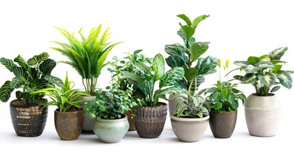 Obraz premium 4. Diverse collage of potted houseplants on a white background, featuring a combination of leafy greens and flowering plants in attractive pots, arranged to emphasize the charm and versatility of