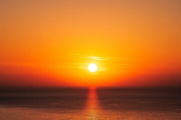 Sunset Over the Sea with Orange Sky and Horizon View from Above, Serene Seascape