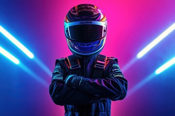 Young boy racer in helmet under neon lights on kart racing school poster Competition announcement