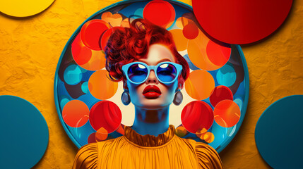 Fototapeta premium Modern painting in pop art style of young beautiful woman in blue sunglasses and red hair on bright colorful geometric background. Contemporary trendy stylish drawing in bold hues
