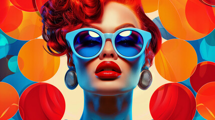 Obraz premium Modern painting in pop art style of young beautiful woman in blue sunglasses and red hair on bright colorful geometric background. Contemporary trendy stylish drawing in bold hues