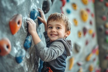 Naklejka premium Young boy scaling indoor rock wall for fitness