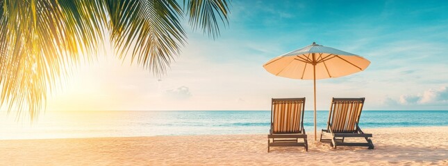 Two Beach Chairs and an Umbrella on White Sand at Tropical Seashore During Sunset, Under a Palm Tree, Wide-Format Banner with Copy Space for Vacation Concept