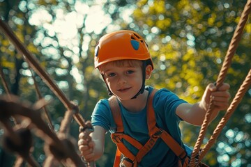 Young boy with orange helmet and blue shirt climbs high ropes in forest adventure park Outdoor center for kids to build agility and climbing skills