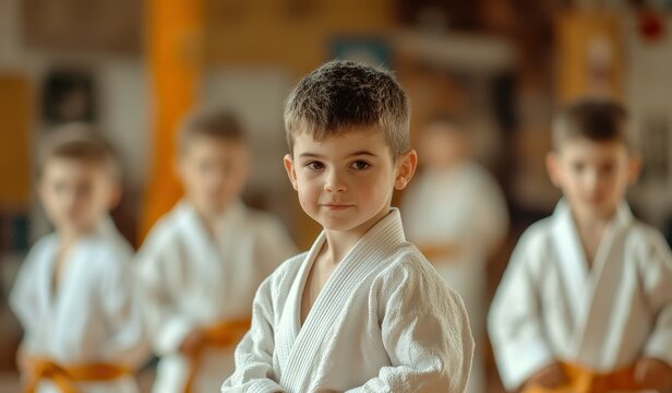 Young boys in white kimono learning judo and jiu jitsu indoors at a kids sports club Martial arts education for children