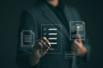 Businessman is signing documents online on a virtual screen. Signing concept. Corporate standard verification
