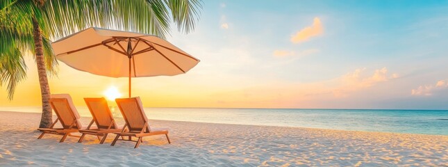 Two Beach Chairs and an Umbrella on White Sand at Tropical Seashore During Sunset, Under a Palm Tree, Wide-Format Banner with Copy Space for Vacation Concept