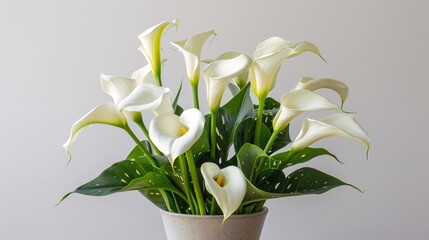 Obraz premium 4. Graceful calla lilies in full bloom, planted in a chic pot, with striking white flowers and glossy green leaves, set against a white background