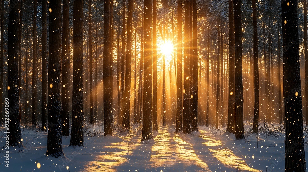 Poster sunbeams shine through a snowy forest, creating a magical, ethereal atmosphere.
