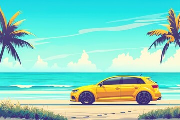 Hatchback car by the beach with ocean backdrop Traveler car idea