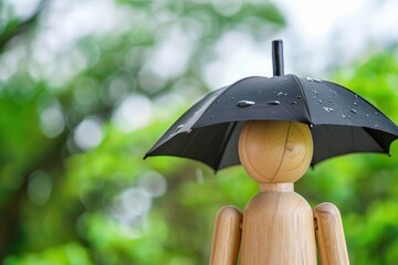 Health insurance idea wooden mannequin holding umbrella