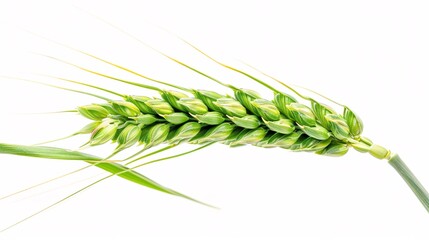 4. Detailed view of a green wheat spikelet with lush grains and slender stalk, isolated on white for clarity
