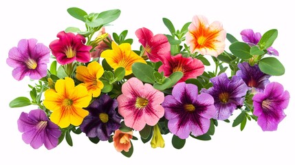 1. Vibrant bouquet of colorful Calibrachoa flowers with detailed petals and lush green leaves, isolated on a white background