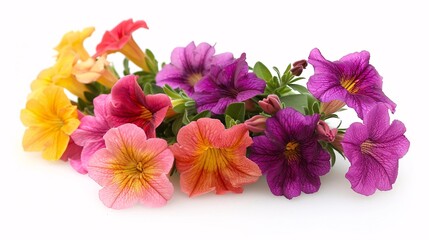 Fototapeta premium 2. Close-up of a bouquet of Calibrachoa flowers in full bloom, showcasing a variety of rich colors and intricate petal patterns, isolated on white