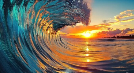 Inside a Barrel Wave at Sunset with Vibrant Colors Reflecting Off Its Surface and the Setting Sun in the Background, Capturing the Crystal-Clear Blue Water Forming a Perfect Curve