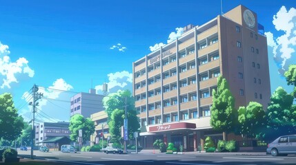 Fototapeta premium Hotel buildings with vibrant colors stand tall under a clear blue sky, showcasing a lively atmosphere in an urban area