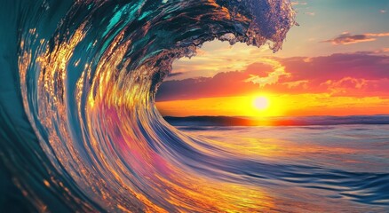 Inside a Barrel Wave at Sunset with Vibrant Colors Reflecting Off Its Surface and the Setting Sun in the Background, Capturing the Crystal-Clear Blue Water Forming a Perfect Curve