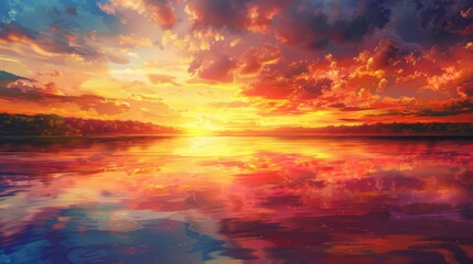 Fototapeta premium A breathtaking sunset casts a golden glow over the landscape, with the sky painted in rich hues of amber and rose, reflecting on the calm water.