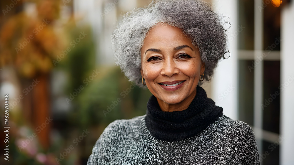 Canvas Prints A smiling woman with gray hair in a cozy sweater outdoors.