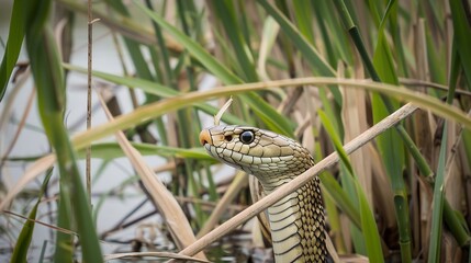 Naklejka premium Wildlife featuring cobra in striking pose amidst tall grass