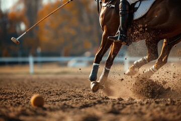 Horse polo player hits ball with mallet in match