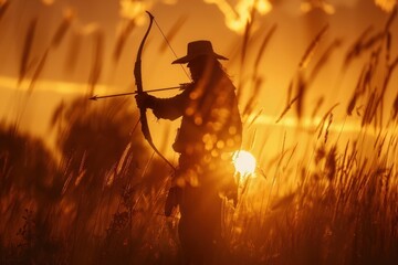 Hunter s silhouette with bow at sunset hunting with arrows