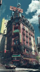 Naklejka premium This cityscape features unique hotel buildings influenced by anime aesthetics, showcasing vivid colors and detailed architecture under a bright sky