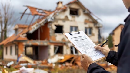 a damaged home being assessed by an insurance adjuster with a clipboard.