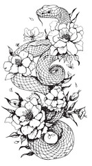 Fototapeta premium Hand drawing outline snake with flowers vector