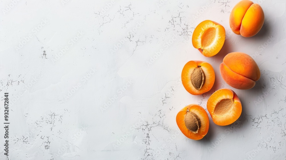Poster a composition of whole and halved apricots on a minimalistic background, highlighting their natural 