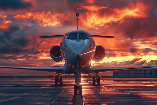 Luxurious private jet parked at airport with scenic sunset backdrop