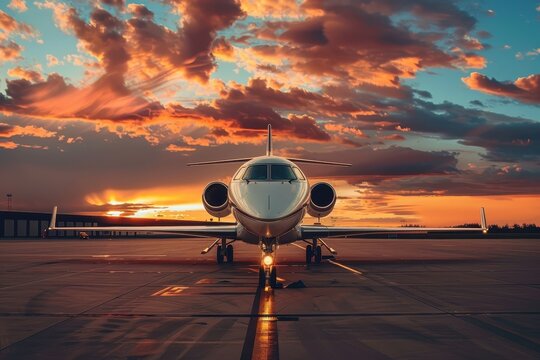 Luxurious private jet parked at airport with scenic sunset background VIP travel concept