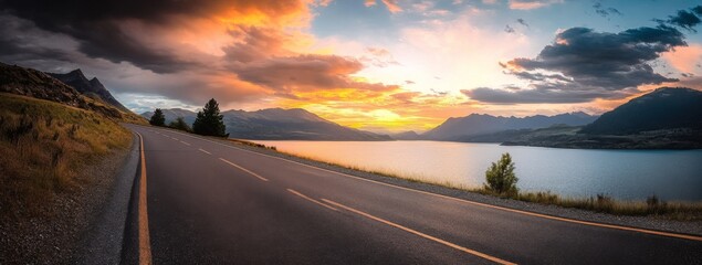 Panoramic view of a winding road leading to the horizon with mountains, a lake, and a vibrant sunset sky with clouds, offering a serene and picturesque landscape.