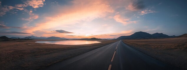 Panoramic view of a winding road leading to the horizon with mountains, a lake, and a vibrant sunset sky with clouds, offering a serene and picturesque landscape.