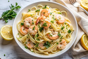 Intimate overhead shot of milk-based shrimp pasta, garnished with parsley and lemon zest, soft creamy whites, and warm beige tones, evoking a cozy beach house vibe.