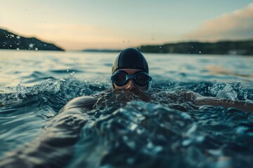 Male athlete swims in lake for long distance triathlon