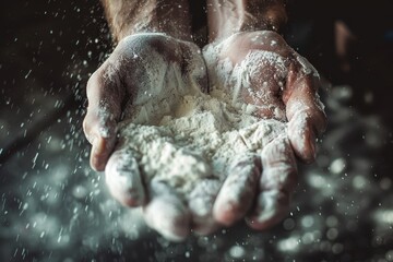 Male powerlifter preparing hands with chalk before lifting weights Toned image with a new perspective