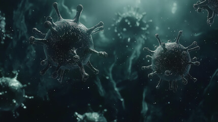 Fototapeta premium A close-up view of a virus particle with intricate details against a dark, mysterious background. The image conveys concepts of health, science, and medical research.