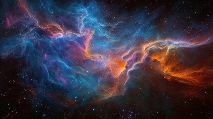 Photograph of a deep space nebula with subtle, nebulous traces and flowing, colorful energy fields.