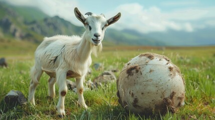 Obraz premium A goat playfully interacts with a large ball in a green pasture, its antics adding a funny element to the peaceful rural setting with distant mountains.