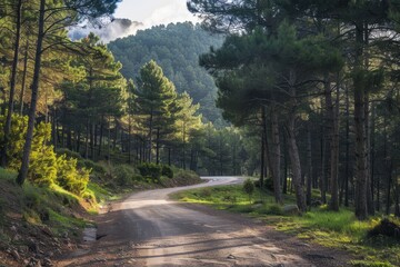 Fototapeta premium Mountain biking on the national cycle route through pine forest in the Pyrenees