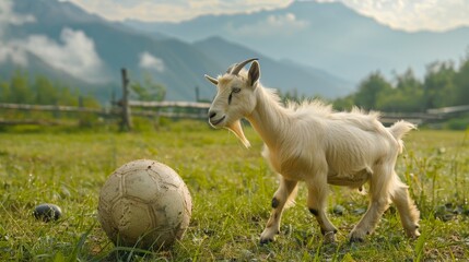Obraz premium A goat playfully interacts with a large ball in a green pasture, its antics adding a funny element to the peaceful rural setting with distant mountains.
