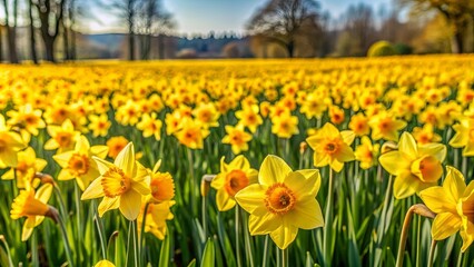 Fototapeta premium Wild yellow daffodils blooming in a field, spring, flowers, nature, garden, vibrant, yellow, daffodil, wild, meadow, botanical